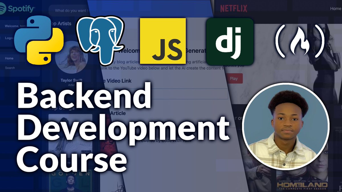 freeCodeCamp's tweet image. If you want to become a great backend dev, you should build lots of projects.
And there are 3 for you in this course: a blog generator, a Netflix clone, & a Spotify clone.
You'll sharpen your backend skills using tools like Python, Django, & PostgreSQL.
freecodecamp.org/news/backend-w…
