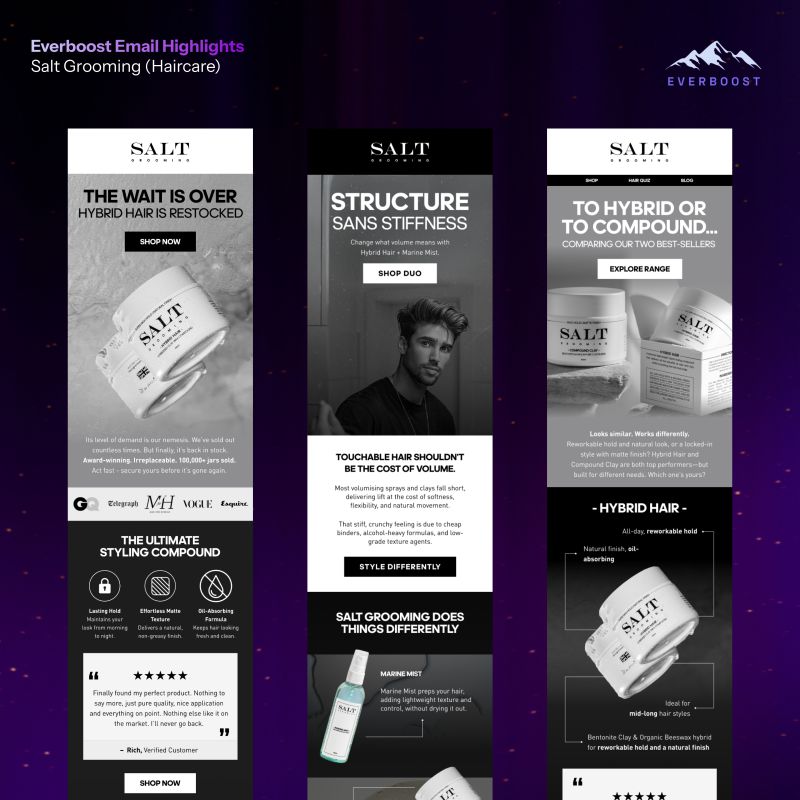 Great emails don’t look like emails.

Let me show you with a live example:

At first glance, these pictures look like “just emails.”

They’re not.

Behind the visuals is a strategy built around:

→ What Salt’s buyers actually care about
→ Where the founder wanted to take the