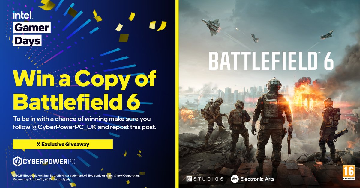 We’ve teamed up with <a href="/intel/">Intel</a> to bring you an exclusive chance to win a copy of Battlefield 6 🔥

Here’s how to enter:
1️⃣ Follow us <a href="/CyberPowerPC_UK/">CyberPowerPC UK</a> 
2️⃣ Repost this post
3️⃣ LIKE this post ❤️ (extra entry!)

Don’t miss your chance to jump into the next evolution of the Battlefield