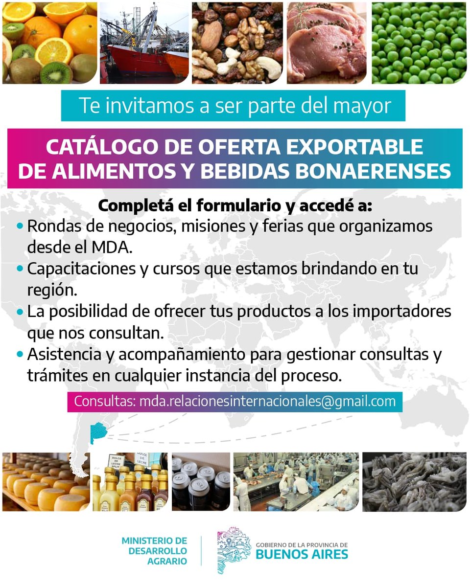 📢Te invitamos a ser parte del mayor Catálogo de Oferta Exportable de Alimentos y Bebidas Bonaerenses 🍷🧀🥫

Completá el formulario y accedé a las diversas propuestas que brindamos desde el MDA.

📝Formulario: tinyurl.com/exportacionpba