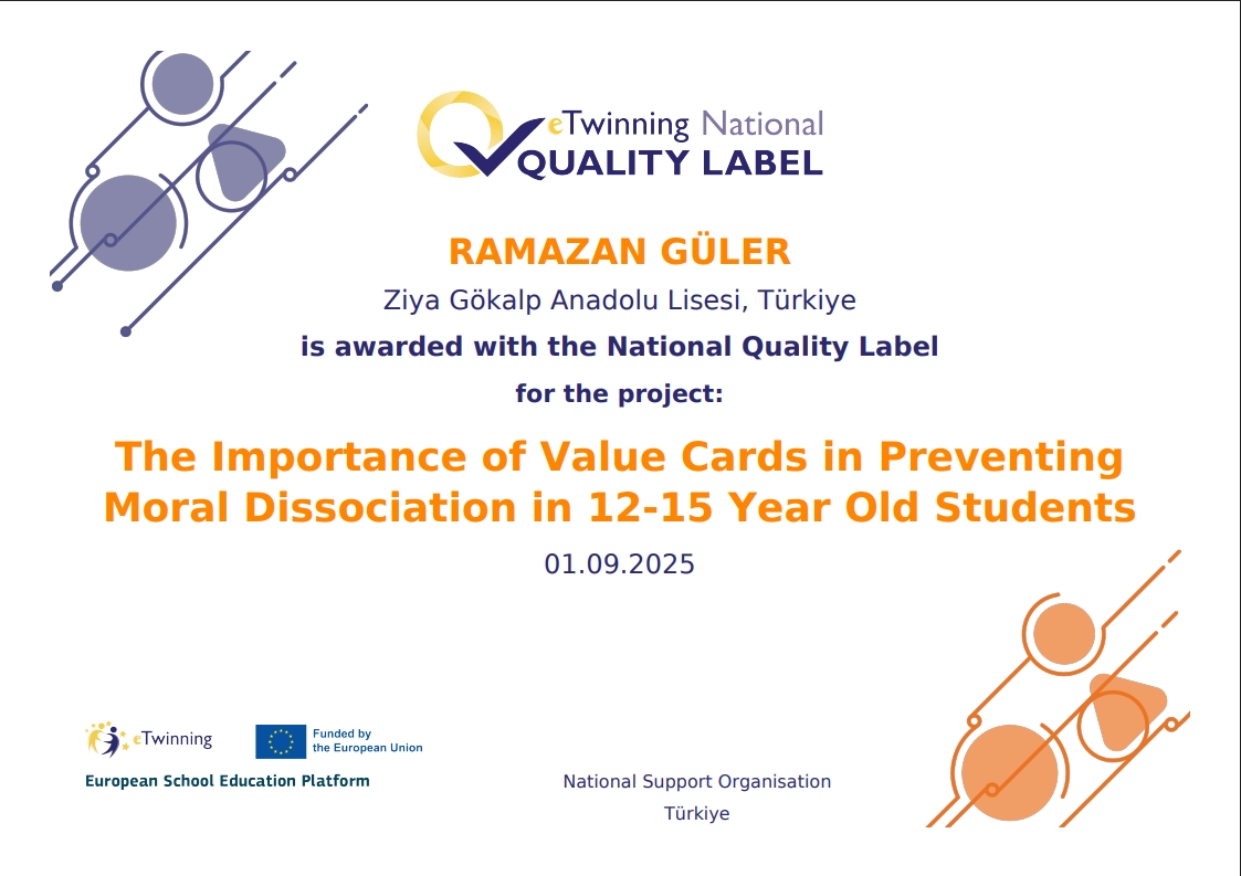 Okulumuz Din Kültürü ve Ahlak Bilgisi Öğretmeni Ramazan GÜLER yürütücülüğünü üstlendiği eTwinning projesiyle Ulusal Kalite Etiketi Ödülü almaya hak kazanmıştır. Kendisini tebrik eder başarılarının devamını dileriz.
<a href="/Yusuf__Tekin/">Yusuf Tekin</a> 
<a href="/vali_zorluoglu/">Murat Zorluoğlu</a> 
<a href="/sadoglu_salih/">Salih Sadoğlu</a>  
<a href="/husamettin_atli/">Hüsamettin ATLI</a>