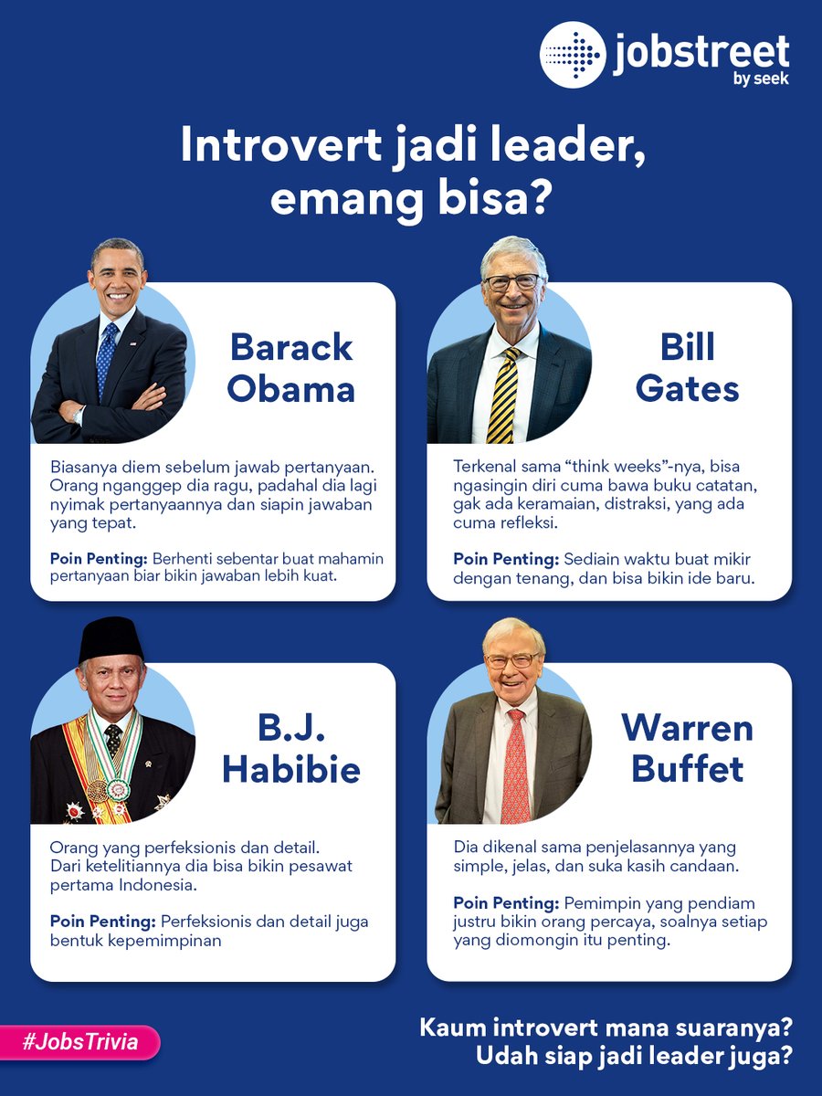 Siapa bilang introvert gak bisa jadi leader?

Jadi leader itu gak mandang sifat kepribadian, nih contohnya mereka. Meskipun kamu introvert, kamu tetep punya chance kok!

#JobstreetIndonesia #JobstreetbySEEK #NextMillionJobs #JobsTrivia #HRD