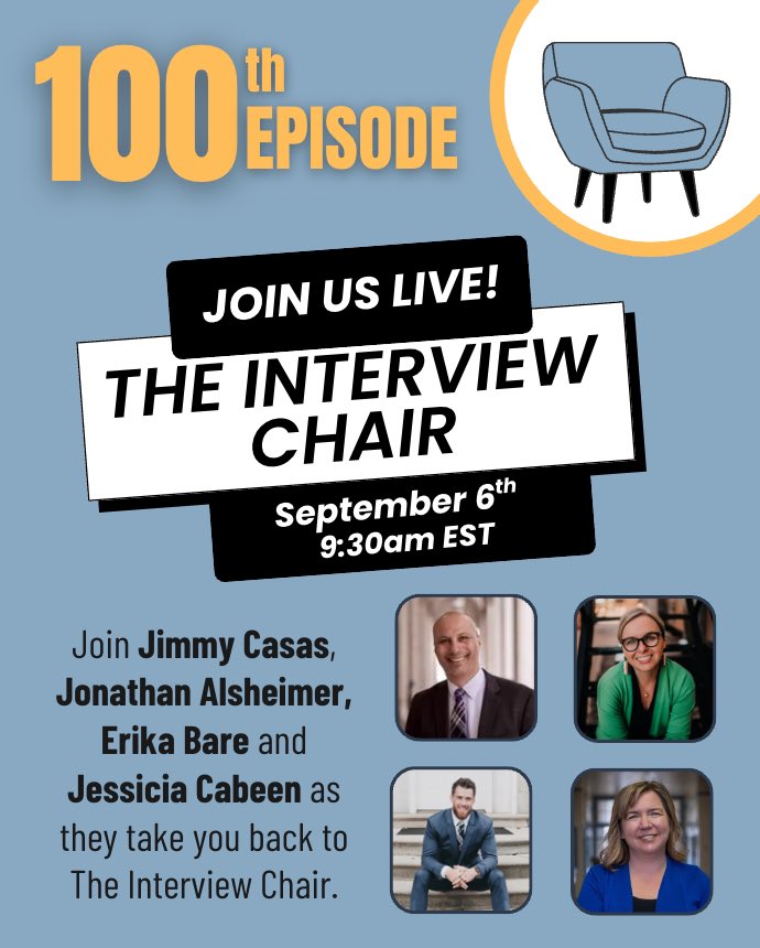 Jimmy Casas (@casas_jimmy) on Twitter photo Episode 100! Join me <a href="/mr_Alsheimer/">Jonathan Alsheimer</a> <a href="/JessicaCabeen/">Jessica Cabeen Ed.D.</a> & <a href="/CTCPlaybook/">Connecting Through Conversation</a> LIVE this Saturday morning at 9:30 EST as we celebrate our 100th episode of #TheInterviewChair
SAVE THE DATE! Episode 100! Join me <a href="/mr_Alsheimer/">Jonathan Alsheimer</a> <a href="/JessicaCabeen/">Jessica Cabeen Ed.D.</a> & <a href="/CTCPlaybook/">Connecting Through Conversation</a> LIVE this Saturday morning at 9:30 EST as we celebrate our 100th episode of #TheInterviewChair
SAVE THE DATE!