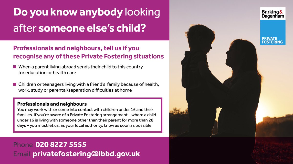 Barking and Dagenham Council (@lbbdcouncil) on Twitter photo Private Fostering – do you know the signs? 
Are you or someone you know looking after someone else’s child? This could be classed as a Private Fostering situation, and you may need to tell us as the local authority. 
Find out more here: orlo.uk/WkAF1 Private Fostering – do you know the signs? 
Are you or someone you know looking after someone else’s child? This could be classed as a Private Fostering situation, and you may need to tell us as the local authority. 
Find out more here: orlo.uk/WkAF1