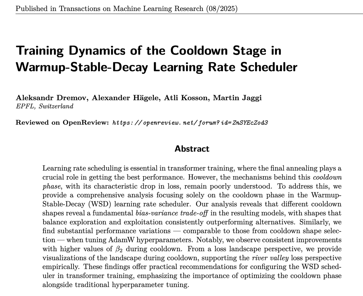 New TMLR paper by Master (!) student @alexdremov_me:
Training Dynamics of the Cooldown Stage in
Warmup-Stable-Decay Learning Rate Scheduler
We finally understand the negative square root (1-sqrt) cooldown. TL;DR: It gets you best bias-variance tradeoff :) w/ <a href="/AtliKosson/">Atli Kosson</a>, M Jaggi