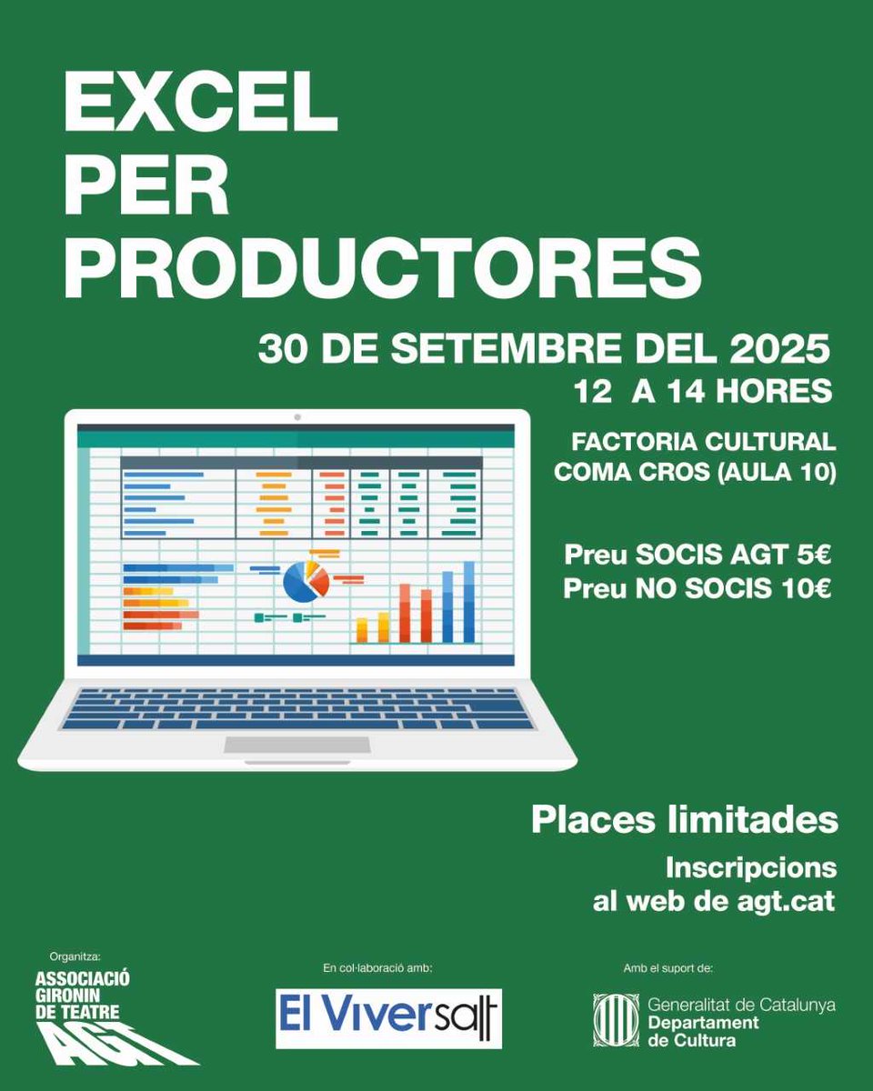 💻Curs d'Excel per productores
Otimitza la gestió de les produccions amb eines pràctiques. Formació pensada per a productores d'arts escèniques!

🗓 30/09
⌚️12h-14h
📍 Factoria Cultural Coma Cros – Aula 10 #Salt
ℹ️shre.ink/tHSq
Organitza AGT 
Col·labora #ElViverSalt