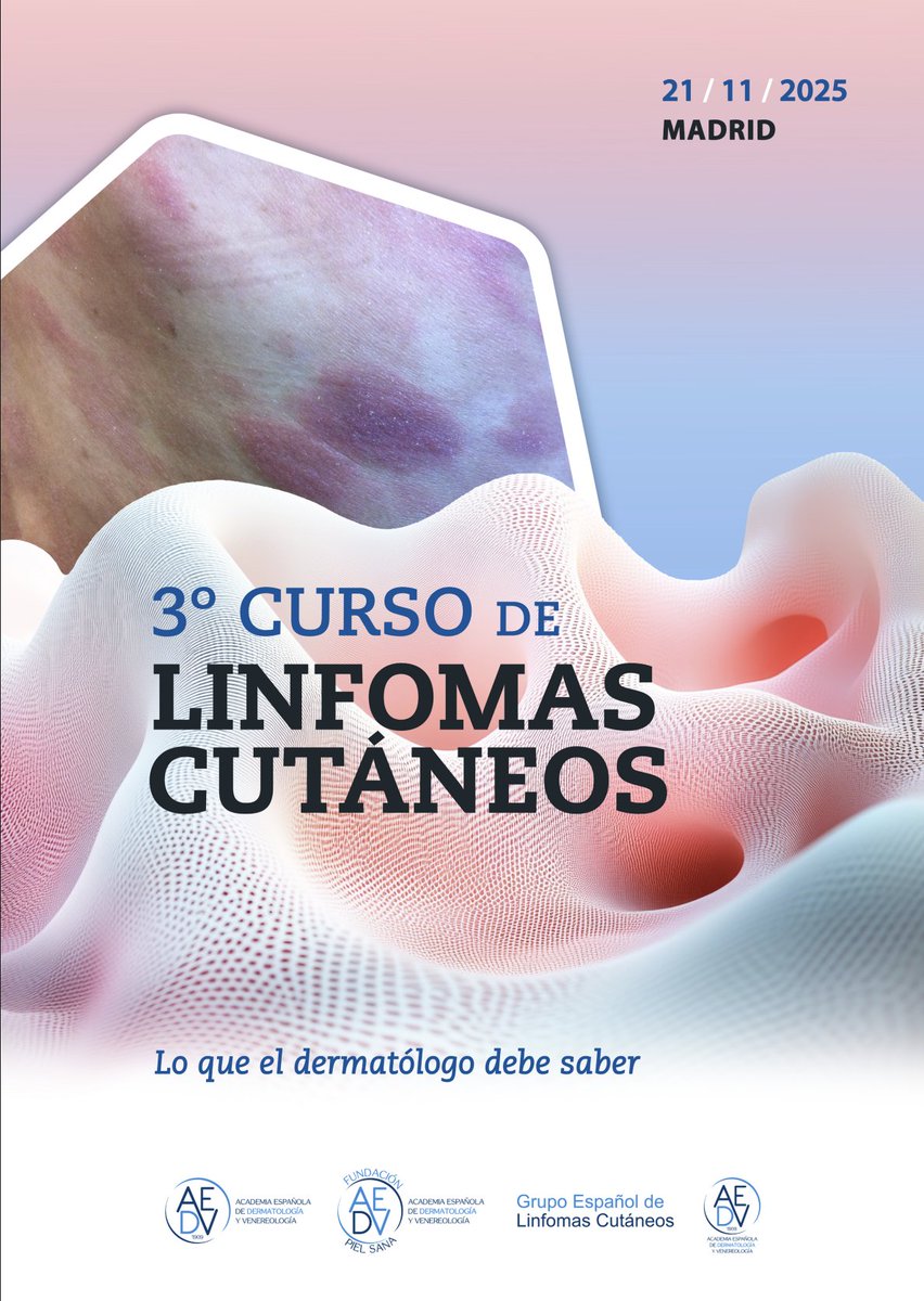 3º Curso de Linfomas Cutáneos: Lo que el dermatólogo debe saber. 
Dirigido a: Adjuntos y residentes R3 y R4 de dermatología. 21 de noviembre de 2025. Presencial

curso-linfoma.aedv.es