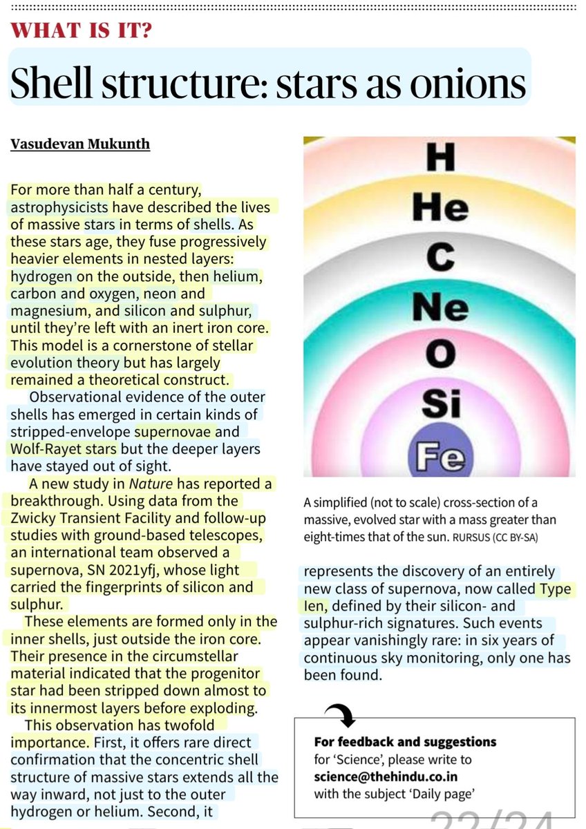 imRavikantYadav's tweet image. Shell structure: Stars as onions

What is it ?

:Explained by Sh Vasudevan Mukunth
@1amnerd 

#ShellStructure #Stars #Onion
#Star #Shell #Astrophysics
#hydrogen #carbon #oxygen #Neon #magnesium #Silicon #Sulphur
#Supernovae #WolfRayetStars #TypeLen
#Science 

#UPSC 

Source:TH
