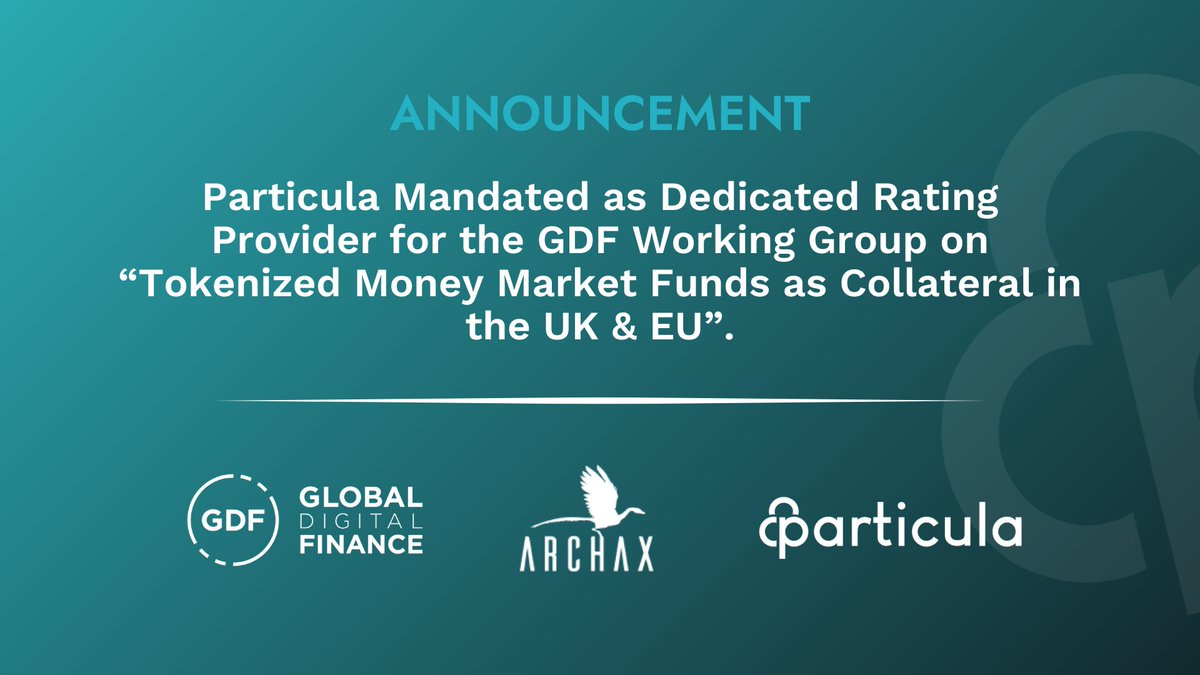 Particula Has Been Mandated as Dedicated Rating Provider for the GDF Working Group on “Tokenized Money Market Funds as Collateral in the UK &amp; EU". 🤝 

𝗔𝗯𝗼𝘂𝘁 𝘁𝗵𝗲 𝗚𝗗𝗙 𝘄𝗼𝗿𝗸𝗶𝗻𝗴 𝗴𝗿𝗼𝘂𝗽 🔎 
Under the umbrella of the GDF Tokenization Forum, the WG brings together