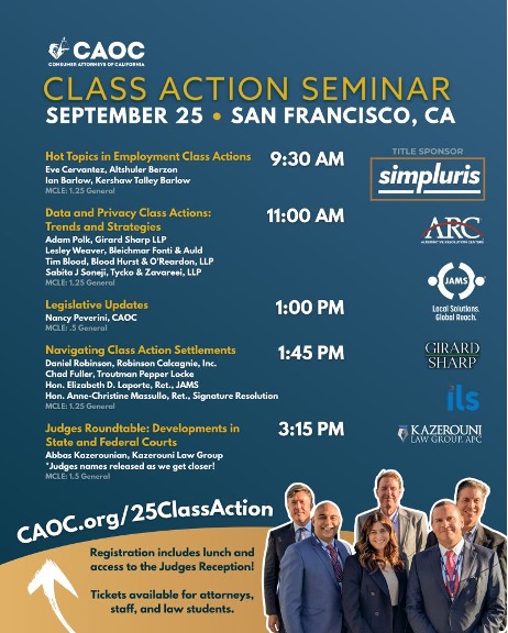 Girard Sharp partners Sarah London &amp; <a href="/adampolk/">Adam Polk</a> chair the Consumer Attorneys of California Class Action Seminar, Sept 25 in SF. Join us for insights on class action practice.

Register: caoc.org/?pg=events&evA…

#CAOCClassActionSeminar