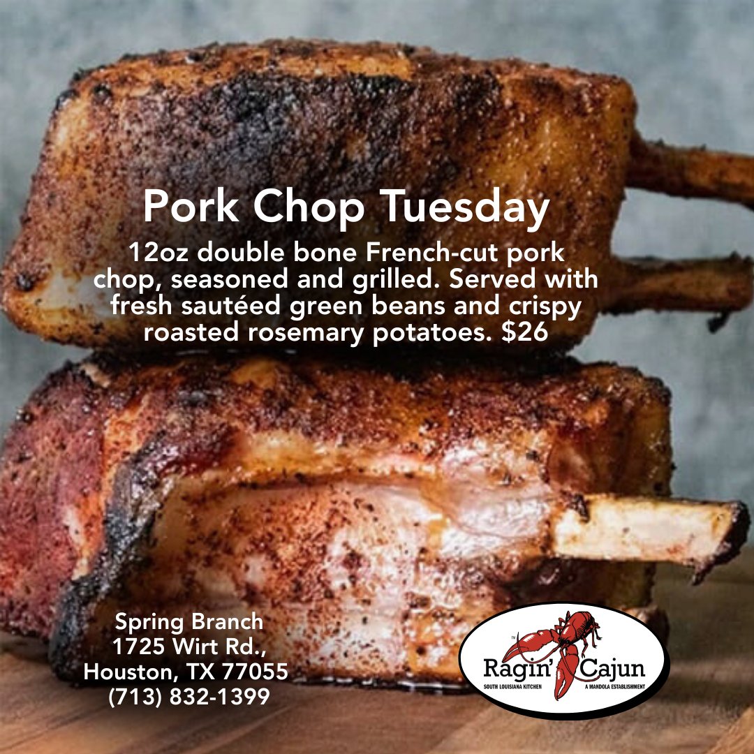 ragincajunhou's tweet image. #PorkChop Tuesday is here! 🥩 A 12oz double bone French-cut chop, grilled &amp;amp; served with green beans + rosemary potatoes. $26 at #RaginCajun #SpringBranch. #HoustonEats