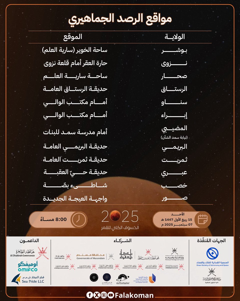 ندعوكم للانضمام إلينا في مواقع الرصد المختلفة في عددٍ من ولايات السلطنة لِمُتابعة #الخسوف_الكلي_للقمر مساء يوم الأحد ٧ سبتمبر ٢٠٢٥ م، أمسية استثنائية بانتظاركم 😍🌕🌌🔭! 
<a href="/astro_oman/">الشؤون الفلكية</a> 
<a href="/OmanMHT/">وزارة التراث والسياحة - سلطنة عُمان</a> 
#الجمعية_العُمانية_للفلك_والفضاء