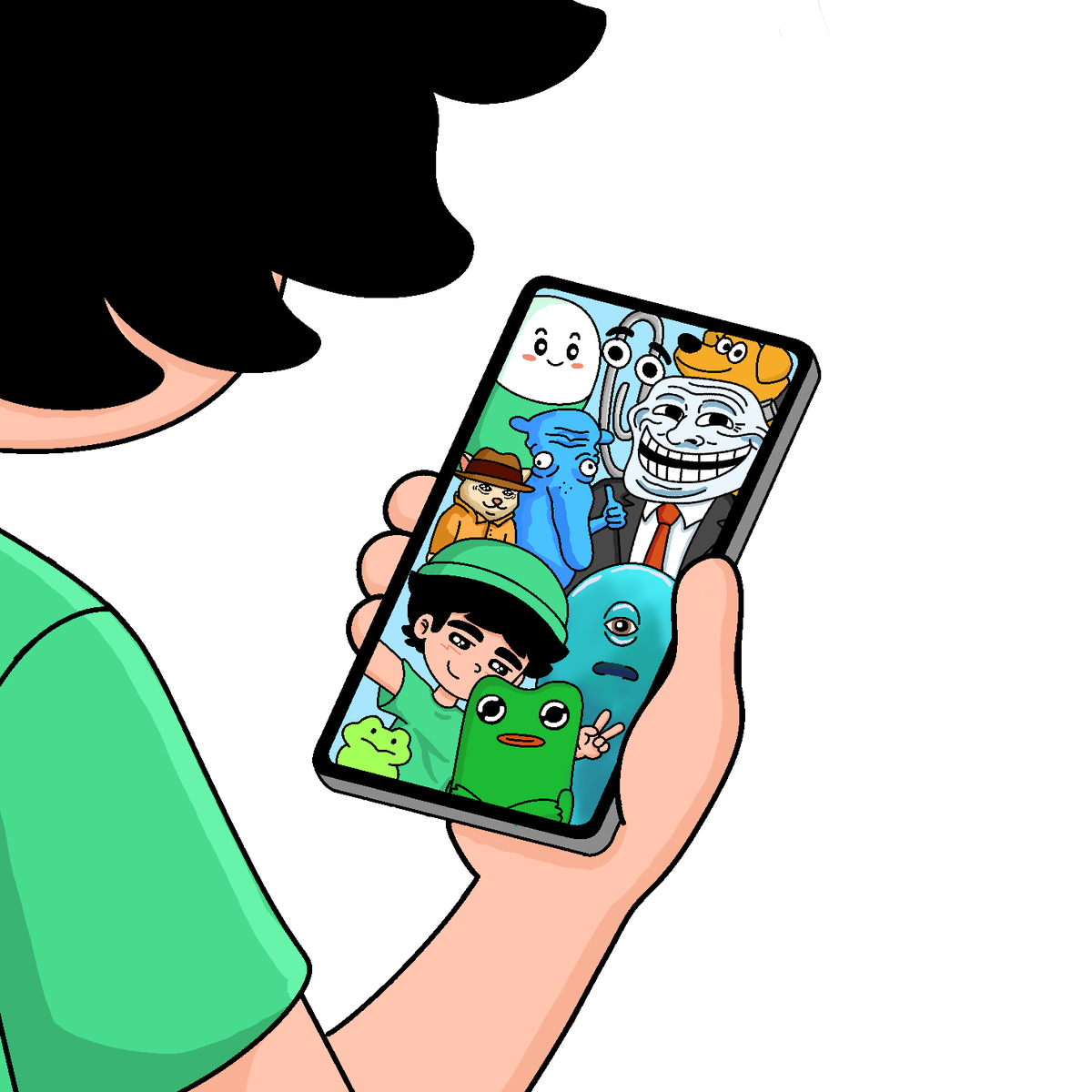 Pump.funのアップデートを祝うキャラクターたちのミームアート（スマホ画面上）