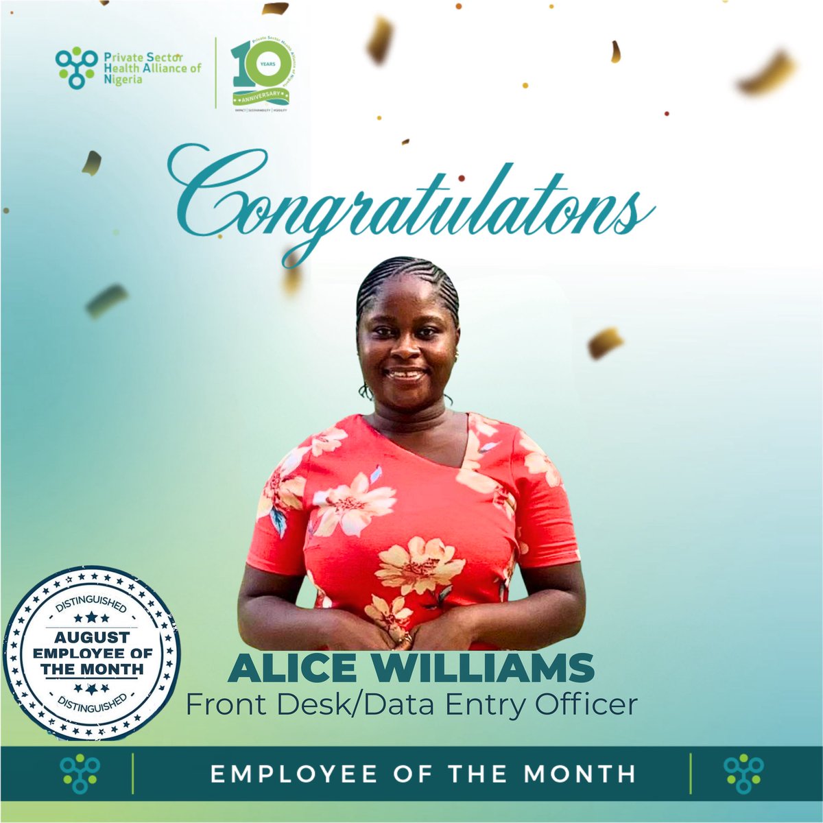 EMPLOYEE OF THE MONTH – AUGUST 

We’re thrilled to celebrate Alice Williams, our Front Desk &amp; Data Entry Officer, as the Employee of the Month for August

Congratulations, Alice, this recognition is truly well-deserved 👏👏👏

#PitchInWithPSHAN #EmployeeOfTheMonth
