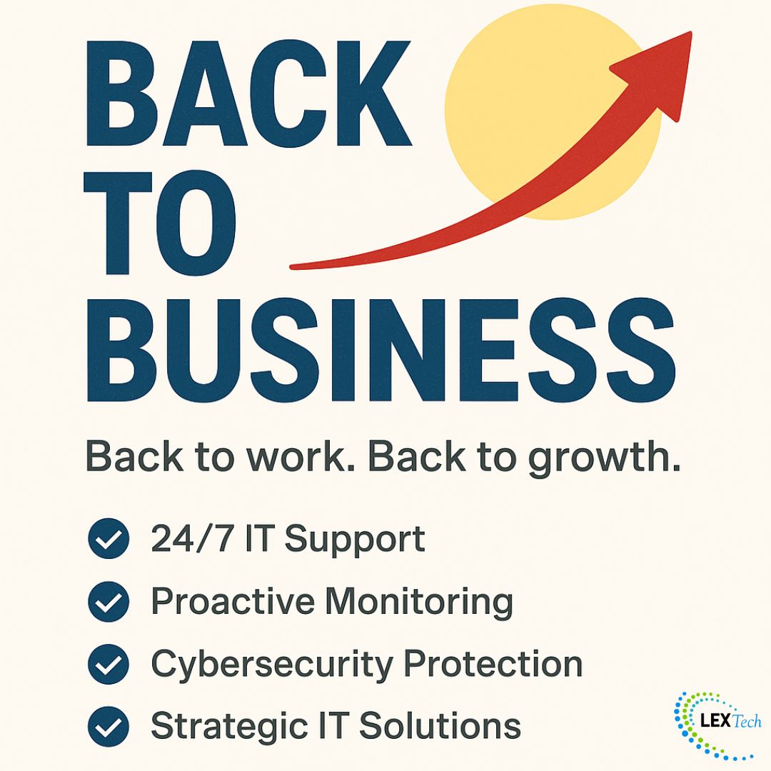 TechnologyLex's tweet image. ☀️ Hope you had an amazing Labor Day weekend! Now it’s time to get back to business — smarter, safer, and stronger.
At Lex Technology, we take the stress out of IT so you can focus on what matters most.
🔹 24/7 Managed IT Support
🔹 Proactive System Monitoring
🔹 Next-Level…