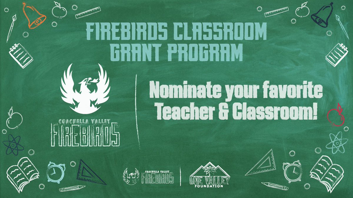 Calling all teachers! 🔥📘 The Ultimate Firebirds Classroom Grant is here. We’re giving out $60,000 in classroom grants to support our valley’s educators. Nominate your favorite teacher and classroom here: onevalleyfoundation.org/classroom

<a href="/Firebirds/">Coachella Valley Firebirds</a> <a href="/AcrisureArena/">Acrisure Arena in Greater Palm Springs</a>