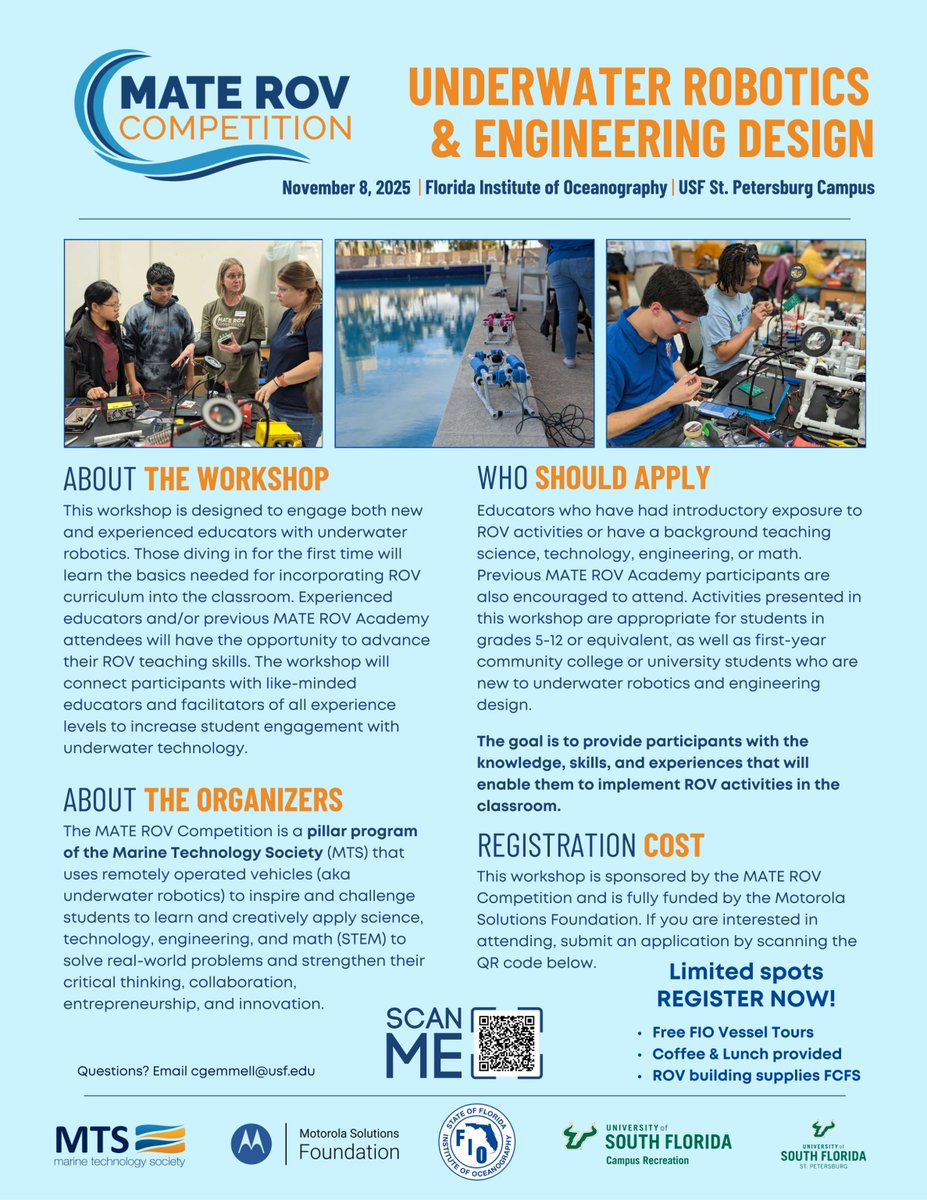 Florida Institute of Oceanography (FIO) (@fio_stpete) on Twitter photo We will be hosting a MATE ROV workshop on Saturday (11/8) at USF St. Pete. This workshop provides introductory and intermediate level activities to expose educators to the foundations of underwater robotics.
Space is limited, register now! Acceptance will be confirmed via email. We will be hosting a MATE ROV workshop on Saturday (11/8) at USF St. Pete. This workshop provides introductory and intermediate level activities to expose educators to the foundations of underwater robotics.
Space is limited, register now! Acceptance will be confirmed via email.