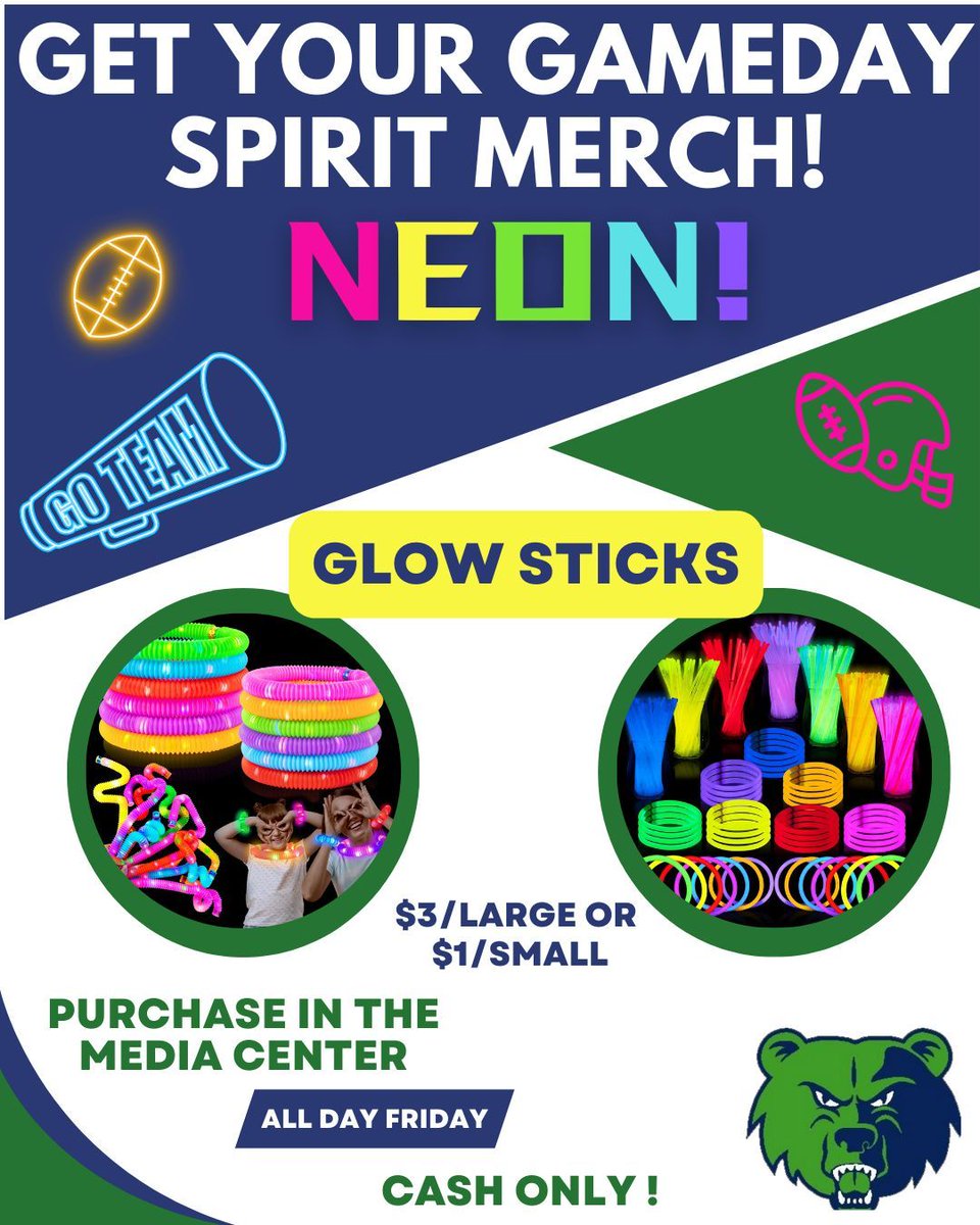 ✨Friday Night Lights = Neon Night!✨ Glow crazy with neon spirit sticks! 
💚💙💚💙💚 Cash only — buy in the library all day Friday (while supplies last)! Proceeds help us get new media center furniture. Shine bright &amp; show your support for the Grizzlies! 🐾💚💙💚💙💚