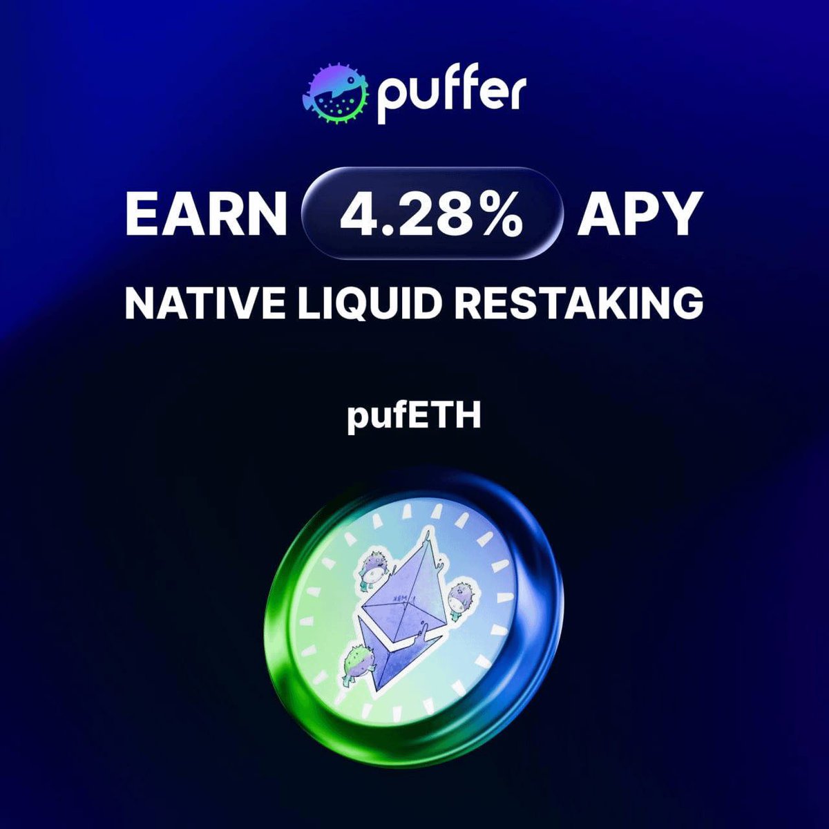 ✨Product Highlight: Native Liquid Restaking on Ethereum 🐡

• Earn 4.28% APY, the highest native yield in restaking
• Deposit ETH → receive pufETH, your LRT
• Boost returns with extra $CARROT rewards on top 🥕
• Simple UI

Grow your ETH with the Pufferfish 👇