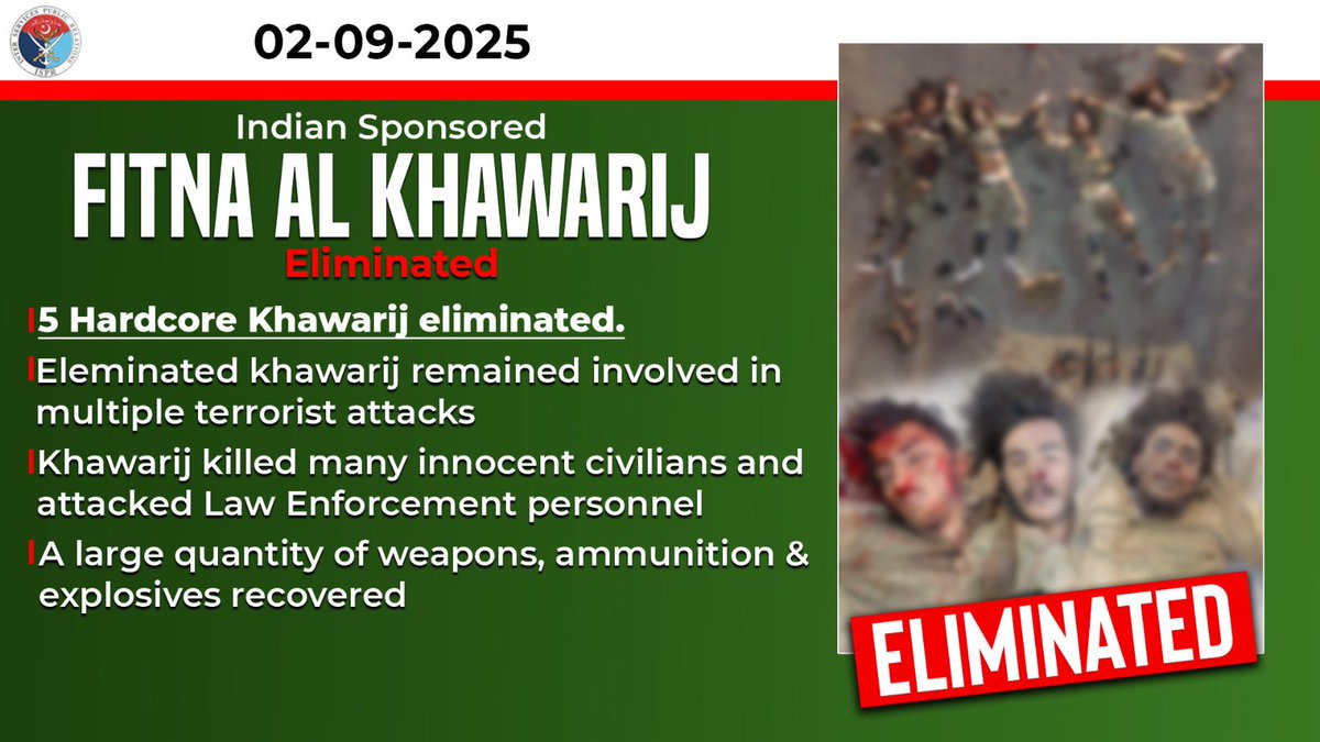 OfficialDGISPR's tweet image. During early hours of 2 September 2025, in a cowardly terrorist attack, Khwarij belonging to Indian proxy Fitna al Khwarij targeted Federal Constabulary Headquarters in Bannu District. 

The Indian sponsored Kharjis attempted to breach the perimeter security, however, their…