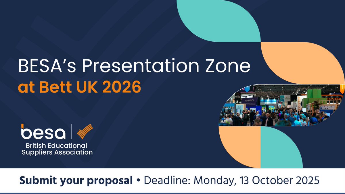 BESA (@besatweet) on Twitter photo We’re excited to announce that applications are now open for BESA members to present in the Presentation Zone at the BESA stand during Bett UK 2026!
This is an opportunity for BESA members to share best practice and success stories, showcase research or insights, gain exposure We’re excited to announce that applications are now open for BESA members to present in the Presentation Zone at the BESA stand during Bett UK 2026!
This is an opportunity for BESA members to share best practice and success stories, showcase research or insights, gain exposure