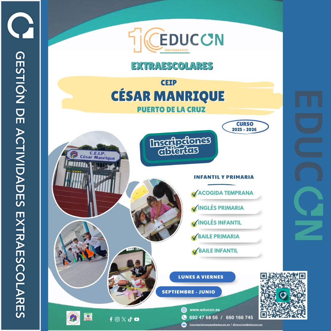 📍 CEIP César Manrique – Puerto de la Cruz
Curso Escolar 2025–2026
¡Aprendemos, bailamos.
🎉 EDUCON y el CEIP César Manrique te esperan para vivir un año escolar inolvidable.
Gracias por confiar un curso más en nuestro equipo educativo 💙