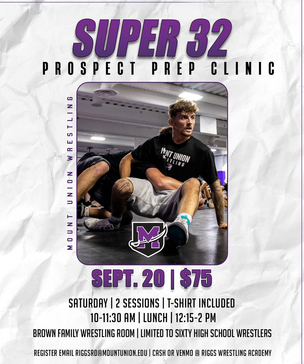 𝐏𝐫𝐨𝐬𝐩𝐞𝐜𝐭 𝐏𝐫𝐞𝐩 𝐂𝐥𝐢𝐧𝐢𝐜 

Get ready for Super 32, Grappler, and other preseason tournaments!

Date: September 20, 2025
Cost: $75

Location: Brown Family Wrestling Room, Mount Union

Details:
•  T-shirt included
•  Limited to 60 high school wrestlers 
•