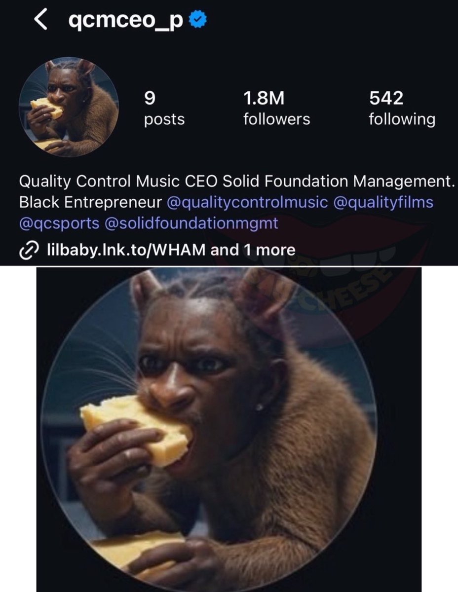 DailyLoud's tweet image. DAMN: QC P just updated his IG profile pic to an AI-edited image of Young Thug eating cheese 😳🧀