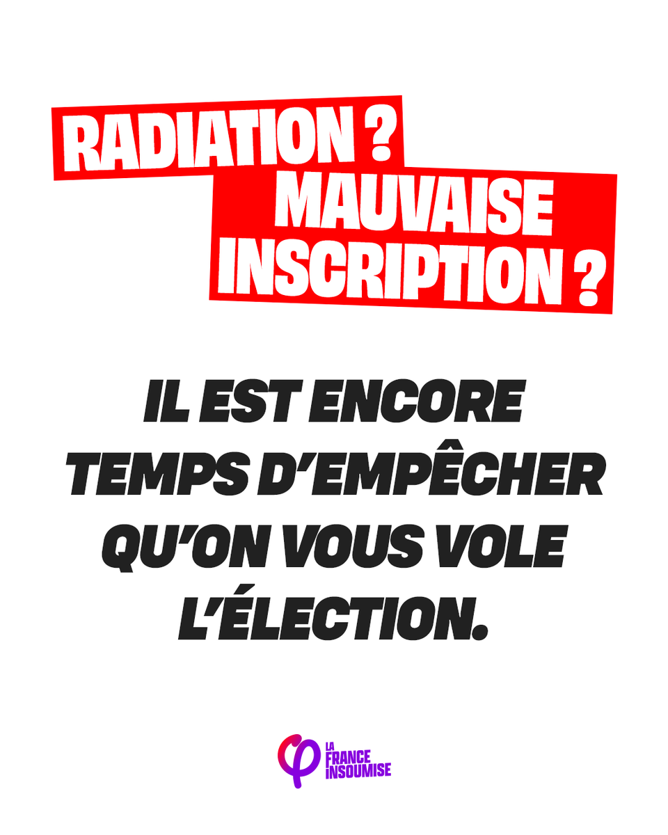 FranceInsoumise's tweet photo. 🔴 Attention ! Agissez avant qu'il ne soit trop tard ! 🗳

En cas d'élections anticipées, vous n'aurez plus le temps de vous inscrire sur les listes électorales.

Pour les empêcher de décider à votre place, cliquez ici : https://t.co/zh191dk0c6 https://t.co/CiRNtYUtxV