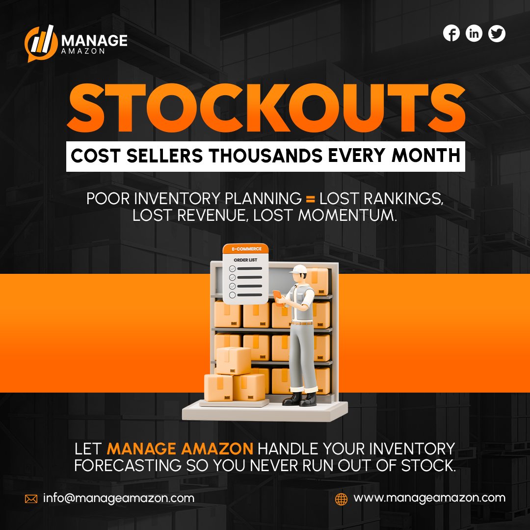 manageamazon's tweet image. Stop losing sales to stockouts! Every stockout = lost rankings, revenue &amp;amp; growth. With Manage Amazon, stay in stock &amp;amp; ahead of competitors. Shelves full, sales flowing! manageamazon.com #AmazonFBA #EcommerceTips #ManageAmazon