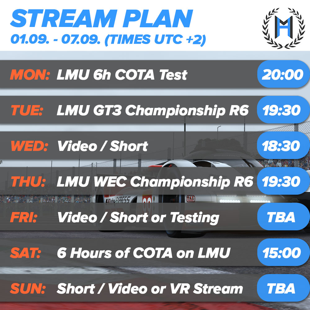 Streamplan is out with the highlight being the 6 hours of COTA on <a href="/LeMansUltimate/">Le Mans Ultimate</a>  this week!
#simracing #simracer #lemansultimate #lmu #vr #virtualreality #gaming #creator #contentcreator #streamer