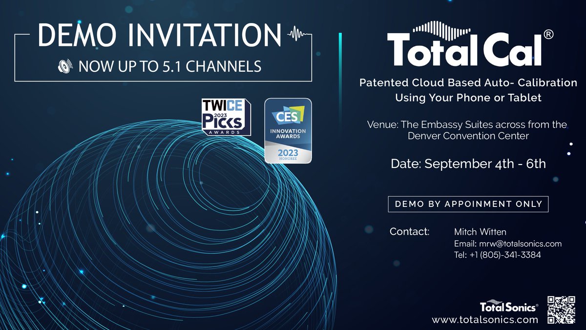 TotalSonics at CEDIA 2026

TotalSonics is pleased to invite you to experience TotalCal®, our patented cloud-based auto-calibration technology, now supporting up to 5.1 channels. 

Demonstrations will be during CEDIA 2026.

Schedule a demonstration and hear the difference!