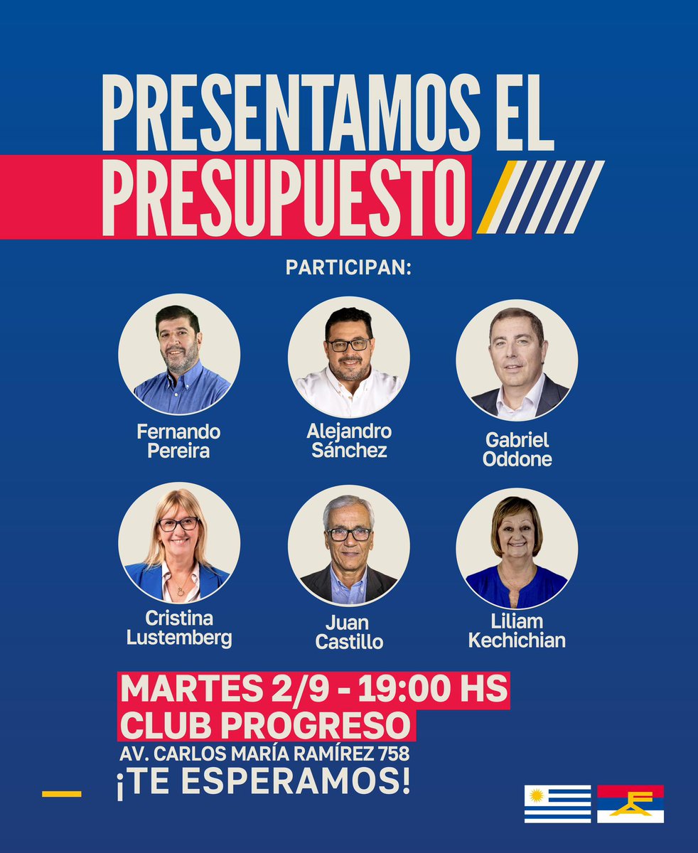 Sebastian Ibarra (@sebaibarra1983) on Twitter photo Presentamos el Presupuesto Nacional*
Con la participación de:
Fernando Pereira · Alejandro Sánchez · Gabriel Oddone · Cristina Lustemberg · Juan Castillo · Liliam Kechichian
🗓 Martes 2 de setiembre – 19:00 horas
📍 Club Progreso · Av. Carlos María Ramírez 758. <a href="/Frente_Amplio/">Frente Amplio</a> Presentamos el Presupuesto Nacional*
Con la participación de:
Fernando Pereira · Alejandro Sánchez · Gabriel Oddone · Cristina Lustemberg · Juan Castillo · Liliam Kechichian
🗓 Martes 2 de setiembre – 19:00 horas
📍 Club Progreso · Av. Carlos María Ramírez 758. <a href="/Frente_Amplio/">Frente Amplio</a>