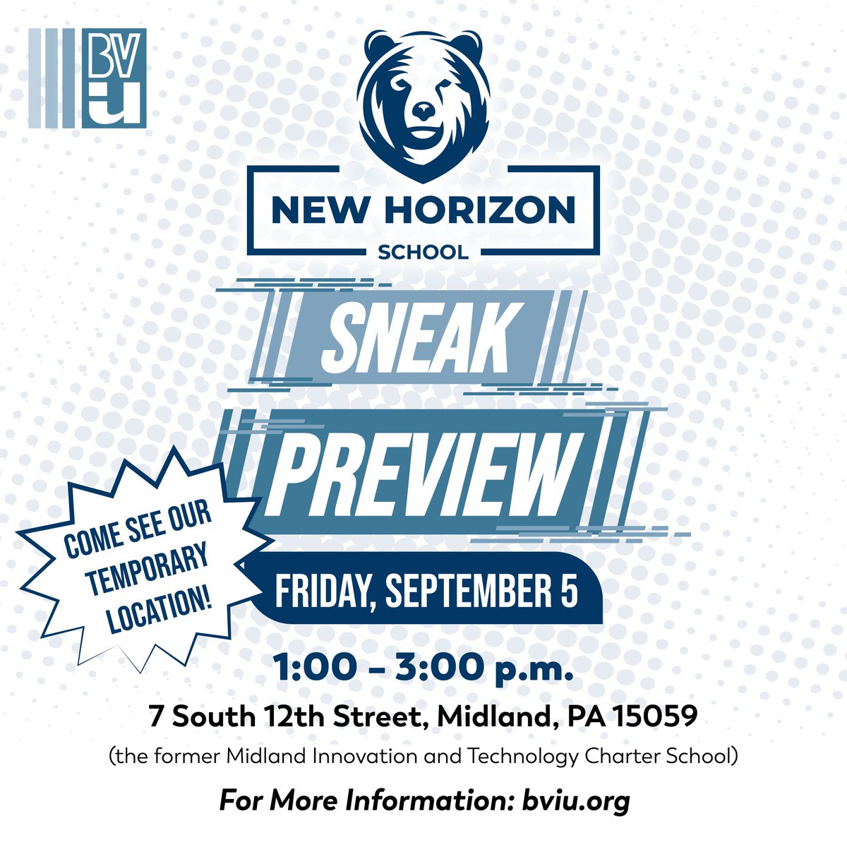 Join us for a Sneak Peek of the new New Horizon School temporary location!
📅 Friday, September 6
⏰ 1:00 – 3:00 PM
📍 7 S. 12th Street, Midland, PA
Get a first look at the space where learning and growth will begin this year. We can’t wait to see you there! 💙