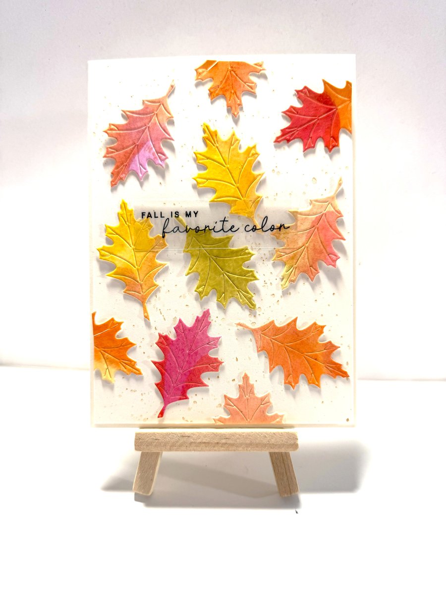 justforunotes's tweet photo. Autumn leaves card - Fall is my favorite color - Multi-color Oak leaves on gold splattered cream card with floating sentiment, handmade. https://t.co/IlRktrVjS3 via @Etsy https://t.co/nMu4KK4a7w