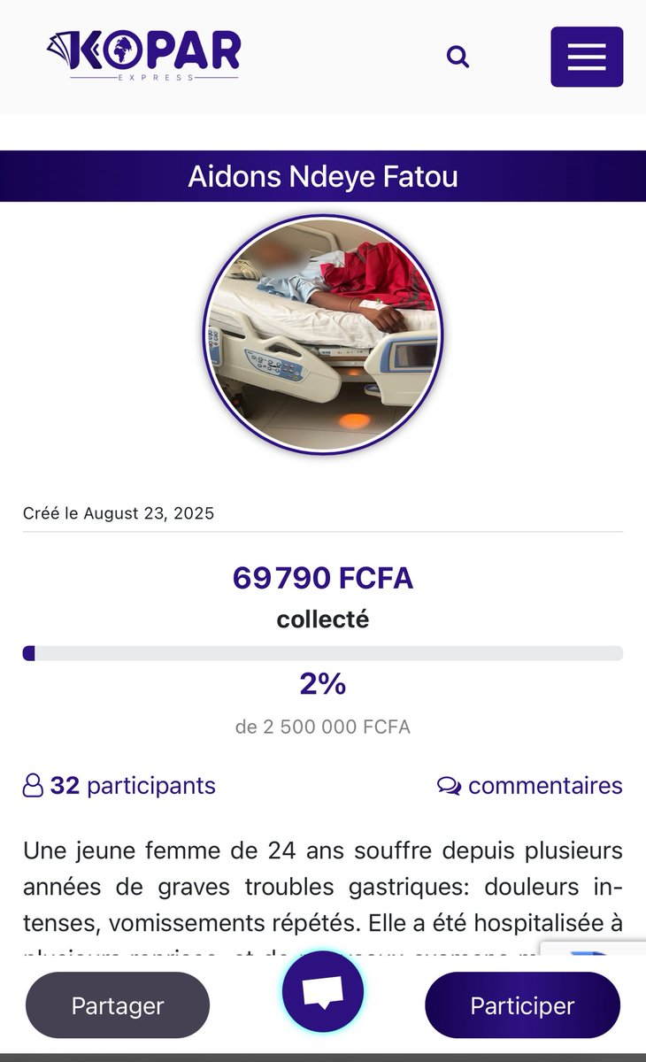 Une jeune femme de 24 ans souffre depuis plusieurs années de graves troubles gastriques: douleurs intenses, vomissements répétés.
Le coût total des bilans et des soins s’élève à plus de 2 500 000 FCFA,
Chaque don, même modeste, sera une aide précieuse🙏🏾

apps.koparexpress.org/apps/collectes…