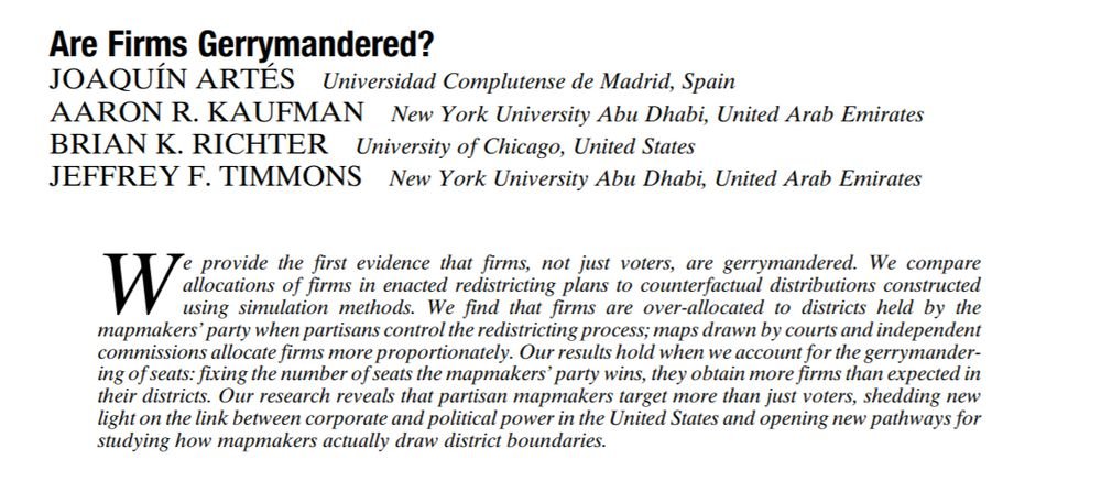 Single member legislative districts are just such a bad system, especially when parties are polarized (i.e., in any modern political system)

Forthcoming APSR shows firms, not just voters, are gerrymandered into/out of districts for partisan gain

link in reply (musk algo wack)