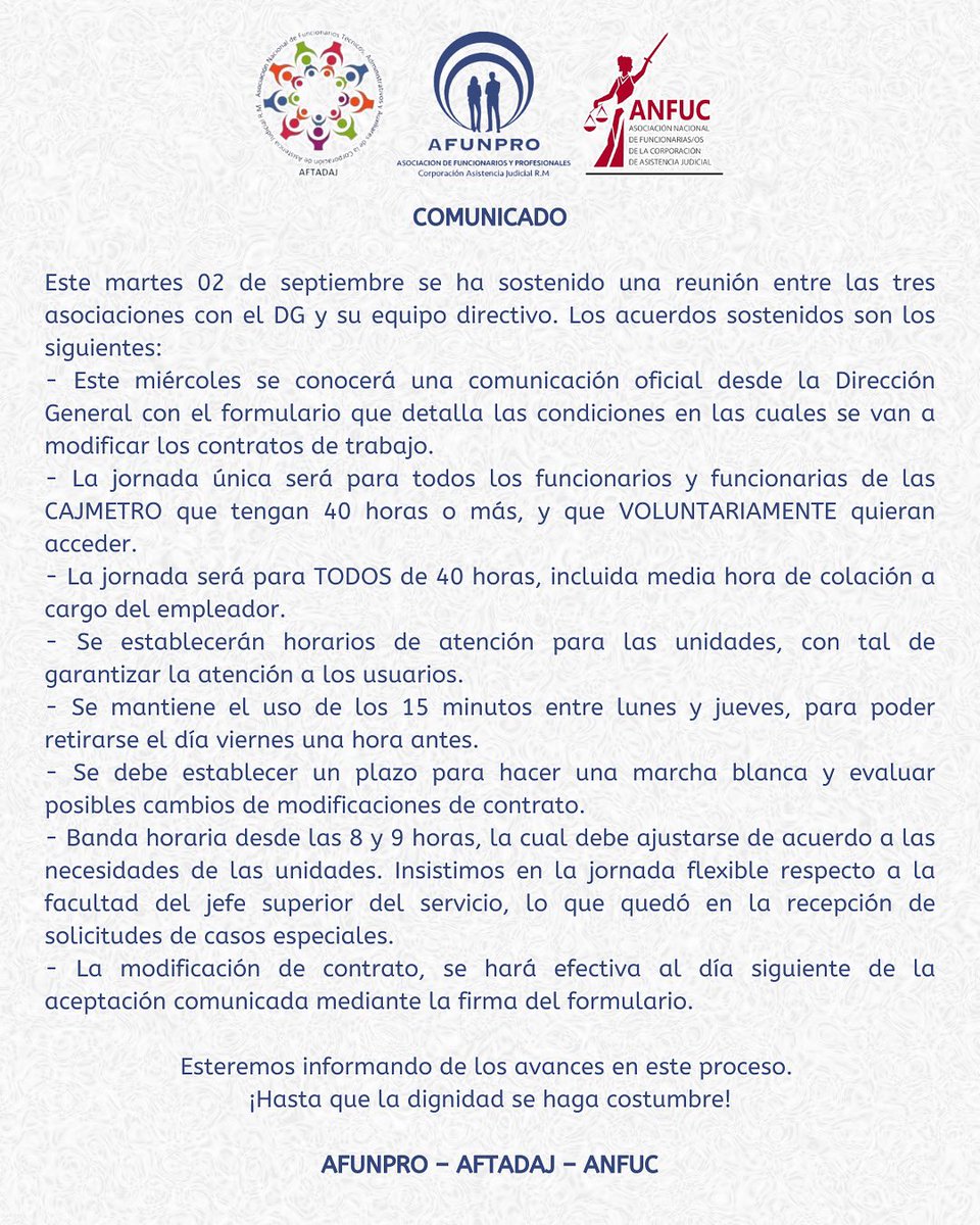 🔴 INFORMACIÓN IMPORTANTE 🔴 Sobre los avances de la implementación de la jornada única para funcionarios y funcionarias de la CAJ Metro.

#hastaqueladignidadsehagacostumbre 💪
