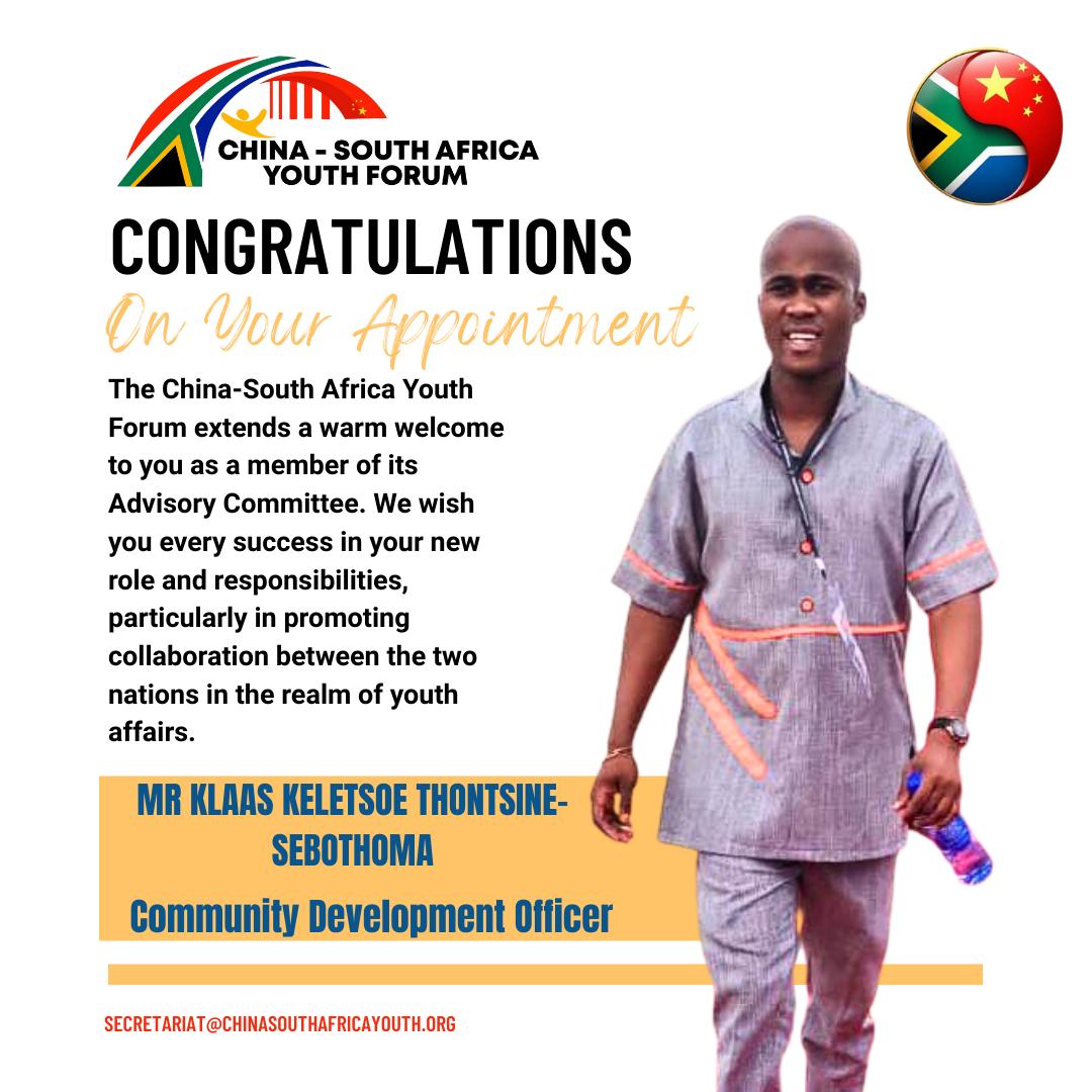 Meet the newly appointed Community Development Officer of the China-South Africa Youth Forum!, Mr. Klaas Keletsoe Thontsine Sebothoma.🇨🇳🤝🇿🇦
🌟 Follow us to stay updated on events, initiatives &amp; opportunities!
#ChinaSouthAfricaYouth #YouthLeadership #GlobalPartnerships #CSAYF2025