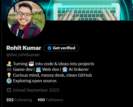 dev_rohitkumar's tweet image. 🎉 Just hit 100 followers on X! 🚀
Grateful for all the support & excited to keep growing 🙌
#Milestone #100Followers #Gratitude #BuildingInPublic #Coding #WebDevelopment