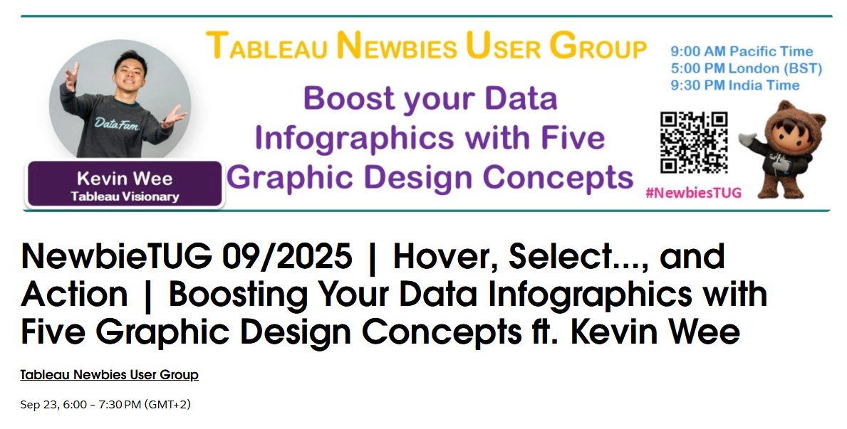 Fellow <a href="/tableau/">Tableau</a>   Newbies - Meet Tableau Visionary Kevin Wee on Sep 23rd, showing  how to -"Boost your Data Infographics with Five  Graphic Design Concepts."  
#datafam - Looking forward to seeing you - Register here usergroups.tableau.com/e/mnhshz/