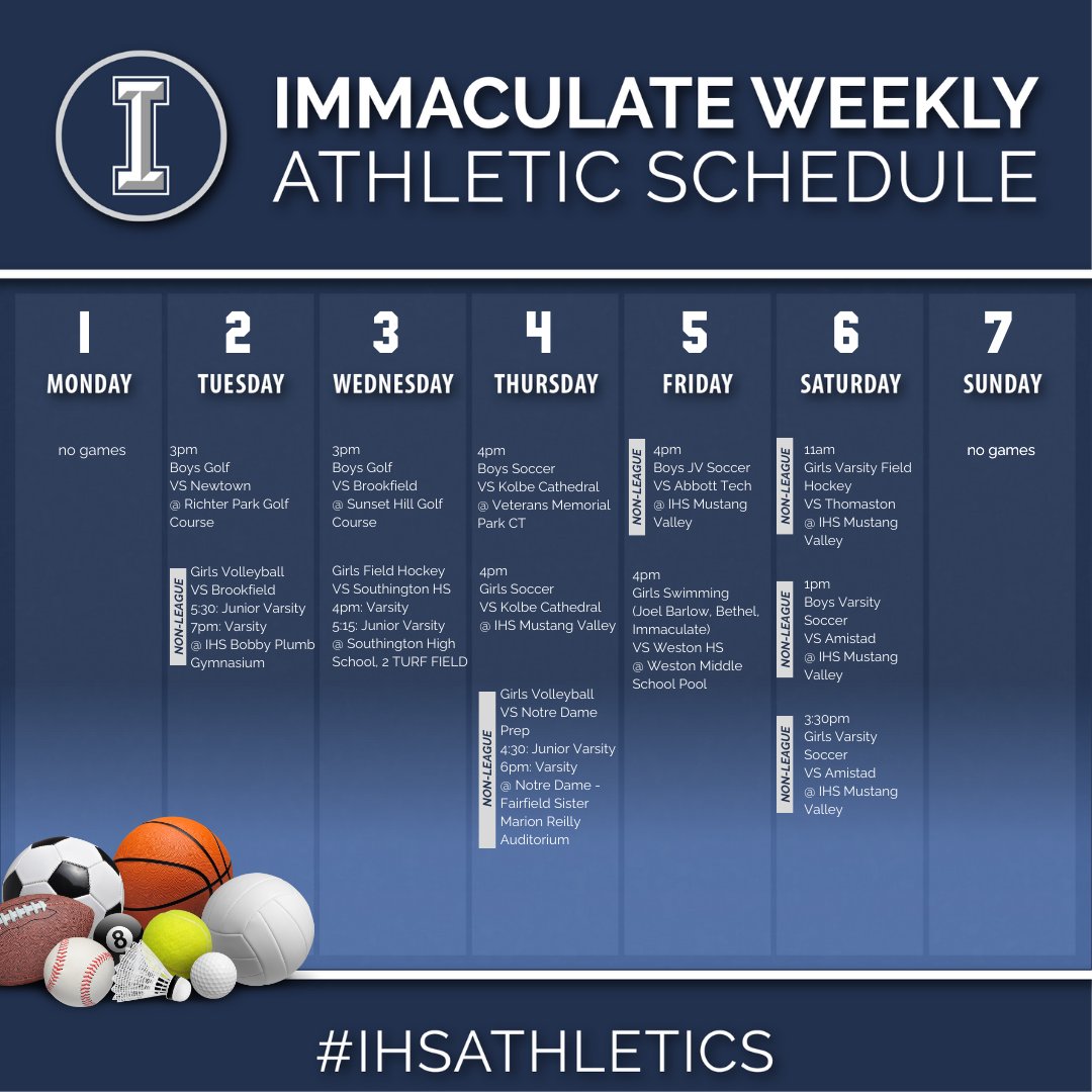 Good luck this week Mustangs!
#Give100Percent #IHSAthletics #HighSchoolSports #Athletes #MustangPride #Volleyball #FieldHockey #Soccer #Swimming #Golf #Football