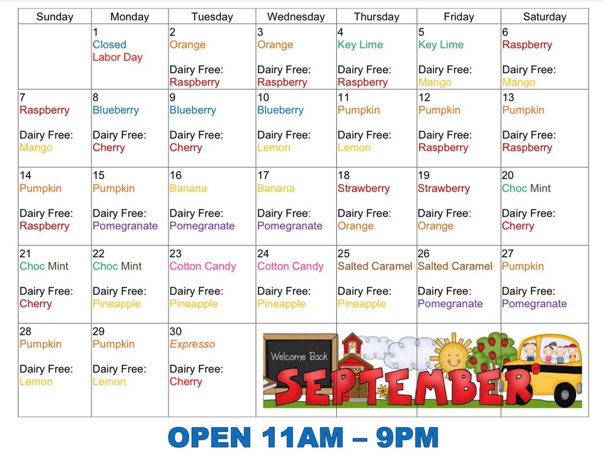 Our September flavor calendar is here! 

Open daily 11am-9pm!