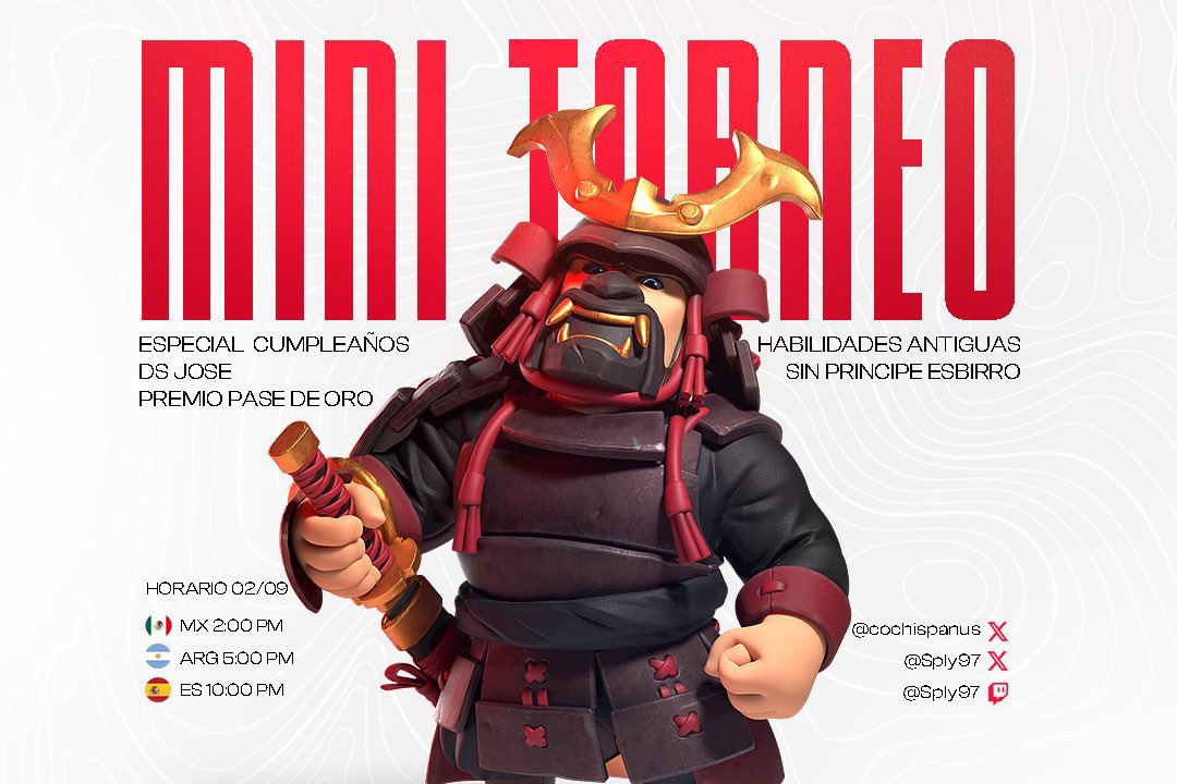 🔴 MARTES

🥳 Traemos evento para hoy

🏆 Mini Torneo Th17

✅ A la antigua! Habilidades clásicas y príncipe esbirro baneado
✅ Hard Mode

💰Pase de oro en juego!

info en stream
22:00 🇪🇸 14:00 🇲🇽 17:00 🇦🇷
twitch.tv/sply97