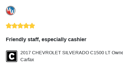 We just received a great review on Carfax. Thank you 2017 CHEVROLET SILVERADO C1500 LT Owner!