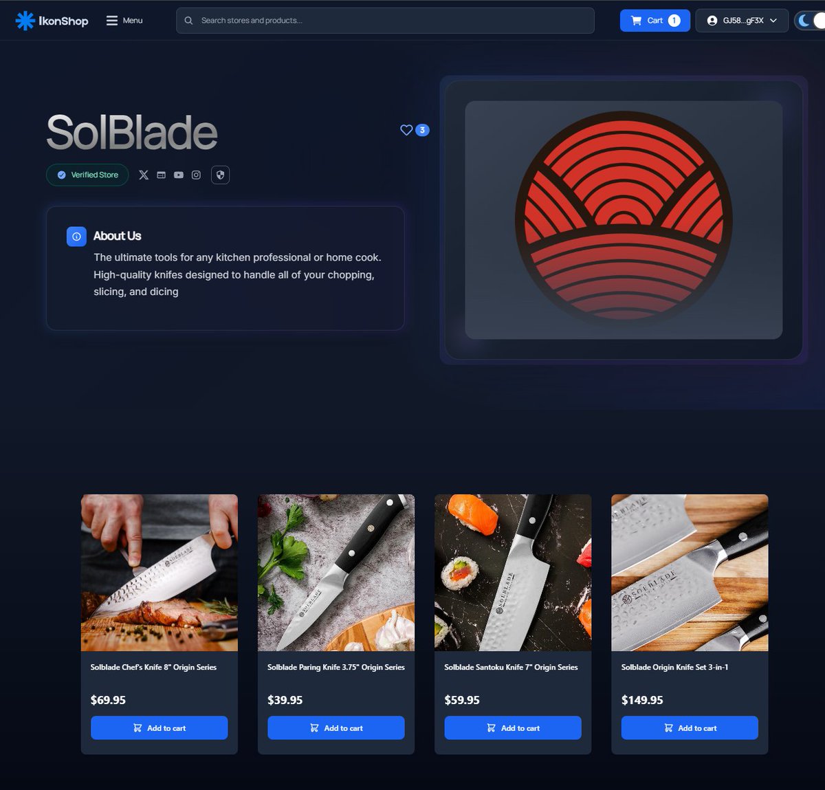 토큰화된 칼 제품을 판매하는 SolBlade 상점을 보여주는 IkonShop 앱 스크린샷