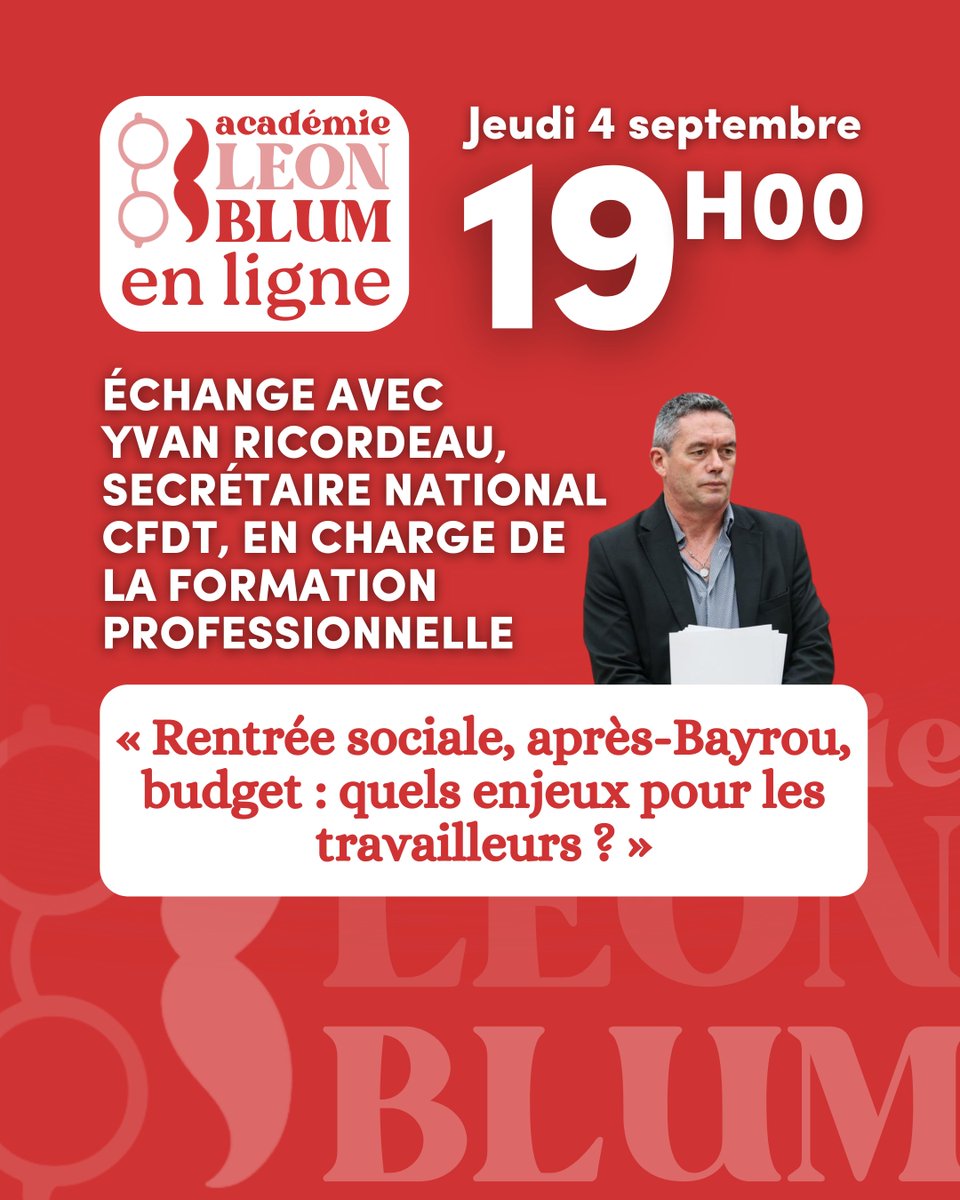Académie Léon Blum (@acadleonblum) on Twitter photo L’Académie, c’est aussi en ligne. Inscrivez-vous au premier jeudi Léon Blum ! 🎓
Avec <a href="/RicordeauYvan/">Yvan Ricordeau</a>, secrétaire général adjoint de la CFDT, surnommé M. Retraites.
🗓️ Jeudi 4 septembre — 19h à 20h, en visio.
→ bit.ly/jeudiALB L’Académie, c’est aussi en ligne. Inscrivez-vous au premier jeudi Léon Blum ! 🎓
Avec <a href="/RicordeauYvan/">Yvan Ricordeau</a>, secrétaire général adjoint de la CFDT, surnommé M. Retraites.
🗓️ Jeudi 4 septembre — 19h à 20h, en visio.
→ bit.ly/jeudiALB