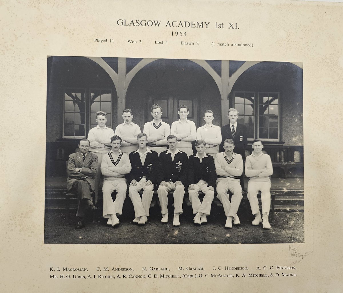 The Glasgow Academy Archive (@tgaarchive) on Twitter photo It was an absolute pleasure to meet former pupil, Mr Mitchell who donated several photos from his time at The Glasgow Academy.
This wonderful group photo is of the 1st XI from 1954 when Mr Mitchell was Captain. It was an absolute pleasure to meet former pupil, Mr Mitchell who donated several photos from his time at The Glasgow Academy.
This wonderful group photo is of the 1st XI from 1954 when Mr Mitchell was Captain.