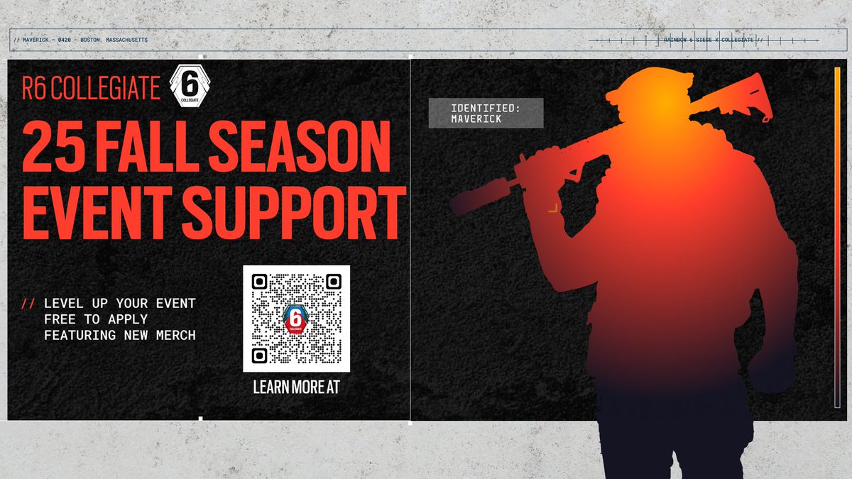🗣️R6 Collegiate Fall is supporting  your local events!

We’re here to empower students to create unforgettable gaming experiences on campus 💥

😎 Featuring new swag
💰 Free stipends for your event
📸 Make YOUR event the highlight of campus life

🔗 Apply NOW at