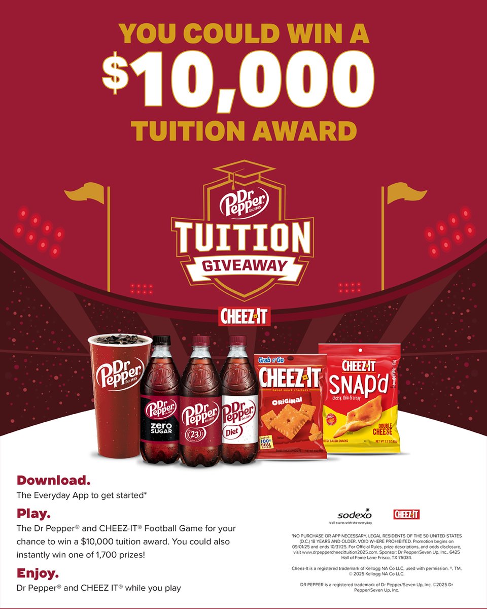 Play to Win! Download the Everyday App and play the Dr. Pepper and CHEEZ-IT Football Game for a chance to win a $10,000 tuition award!